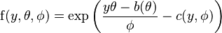 \operatorname{f}(y,\theta,\phi) = \exp\left(\frac{y\theta - b(\theta)}{\phi} - c(y,\phi)\right)
