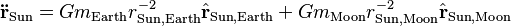 \mathbf{\ddot r}_\text{Sun} = G m_\text{Earth} r_{\text{Sun},\text{Earth}}^{-2} \hat{\mathbf{r}}_{\text{Sun},\text{Earth}} + G m_\text{Moon} r_{\text{Sun},\text{Moon}}^{-2} \hat{\mathbf{r}}_{\text{Sun},\text{Moon}}