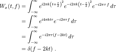 \begin{align}
  W_x(t,f) &= \int_{-\infty}^\infty e^{i2\pi k\left(t + \frac{\tau}{2}\right)^2}e^{-i2\pi k\left(t - \frac{\tau}{2}\right)^2}e^{-i2\pi\tau\,f} \, d\tau \\
           &= \int_{-\infty}^\infty e^{i4\pi kt\tau}e^{-i2\pi\tau f}\,d\tau \\
           &= \int_{-\infty}^\infty e^{-i2\pi\tau(f - 2kt)}\,d\tau\\
           &= \delta(f - 2kt) ~.
\end{align} 