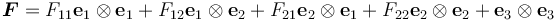 
  \boldsymbol{F} = F_{11}\mathbf{e}_1\otimes\mathbf{e}_1 + F_{12}\mathbf{e}_1\otimes\mathbf{e}_2 + F_{21}\mathbf{e}_2\otimes\mathbf{e}_1 + F_{22}\mathbf{e}_2\otimes\mathbf{e}_2 + \mathbf{e}_3\otimes\mathbf{e}_3
 