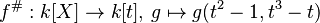 f^{\#}: k[X] \to k[t], \, g \mapsto g(t^2 - 1, t^3 - t)