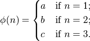 \phi(n) = \begin{cases}a&\mbox{if }n=1;\\ b&\mbox{if }n=2;\\ c&\mbox{if }n=3.\end{cases}