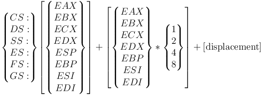 
\begin{Bmatrix}CS:\\DS:\\SS:\\ES:\\FS:\\GS:\end{Bmatrix}
\begin{bmatrix}\begin{Bmatrix}EAX\\EBX\\ECX\\EDX\\ESP\\EBP\\ESI\\EDI\end{Bmatrix}\end{bmatrix} +
\begin{bmatrix}\begin{Bmatrix}EAX\\EBX\\ECX\\EDX\\EBP\\ESI\\EDI\end{Bmatrix}*\begin{Bmatrix}1\\2\\4\\8\end{Bmatrix}\end{bmatrix} +
\rm [displacement]
