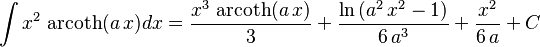 \int x^2\,\operatorname{arcoth}(a\,x)dx=
  \frac{x^3\,\operatorname{arcoth}(a\,x)}{3}+
  \frac{\ln\left(a^2\,x^2-1\right)}{6\,a^3}+\frac{x^2}{6\,a}+C