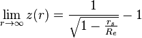 \lim_{r\to \infty}z(r)=\frac{1}{\sqrt{1-\frac{r_s}{R_e}}}-1