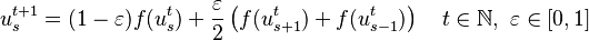  u_s^{t+1} = (1-\varepsilon)f(u_s^t)+\frac{\varepsilon}{2}\left(f(u_{s+1}^t)+f(u_{s-1}^t) \right) \ \ \  t\in \mathbb{N},\ \varepsilon  \in [0,1]