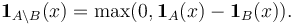 \mathbf{1}_{A \setminus B}(x) = \max(0, \mathbf{1}_A(x) - \mathbf{1}_B(x)). 