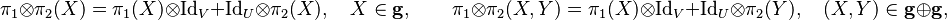 \pi_1\otimes\pi_2(X) = \pi_1(X) \otimes \mathrm{Id}_V + \mathrm{Id}_U \otimes \pi_2(X), \quad X \in \mathbf{g}, \qquad \pi_1\otimes\pi_2(X, Y) = \pi_1(X) \otimes \mathrm{Id}_V + \mathrm{Id}_U \otimes \pi_2(Y), \quad (X,Y) \in \mathbf{g} \oplus \mathbf{g},