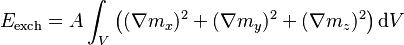 E_\text{exch} = A \int_V \left((\nabla m_x)^2 + (\nabla m_y)^2 + (\nabla m_z)^2\right) \mathrm{d}V