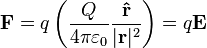 
\mathbf{F}=q\left(\frac{Q}{4\pi\varepsilon_0}\frac{\mathbf{\hat{r}}}{|\mathbf{r}|^2}\right)=q\mathbf{E}
