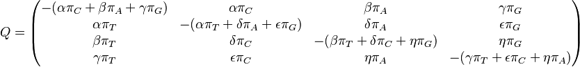 Q = \begin{pmatrix}
{-(\alpha\pi_C + \beta\pi_A + \gamma\pi_G)} & {\alpha\pi_C} & {\beta\pi_A} & {\gamma\pi_G} \\ 
{\alpha\pi_T} & {-(\alpha\pi_T + \delta\pi_A + \epsilon\pi_G)} & {\delta\pi_A} & {\epsilon\pi_G} \\ 
{\beta\pi_T} & {\delta\pi_C} & {-(\beta\pi_T + \delta\pi_C + \eta\pi_G)} & {\eta\pi_G} \\  
{\gamma\pi_T} & {\epsilon\pi_C} & {\eta\pi_A} & {-(\gamma\pi_T + \epsilon\pi_C + \eta\pi_A)} 
\end{pmatrix} 