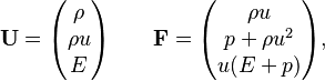 
\mathbf{U}=\begin{pmatrix}\rho  \\  \rho u  \\  E\end{pmatrix}\qquad
\mathbf{F}=\begin{pmatrix}\rho u\\p+\rho u^2\\  u(E+p)\end{pmatrix},\qquad
