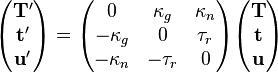 \begin{pmatrix}
\mathbf{T'}\\
\mathbf{t'}\\
\mathbf{u'}
\end{pmatrix}
=
\begin{pmatrix}
0&\kappa_g&\kappa_n\\
-\kappa_g&0&\tau_r\\
-\kappa_n&-\tau_r&0
\end{pmatrix}
\begin{pmatrix}
\mathbf{T}\\
\mathbf{t}\\
\mathbf{u}
\end{pmatrix}
