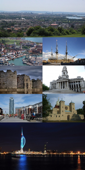 Clockwise from top: Portsmouth viewed from Portsdown Hill, HMS Victory,  Portsmouth Guildhall, Portsmouth Cathedral, the Spinnaker Tower alongside Portsmouth Harbour at night, Gunwharf Quays, Portchester Castle and an aerial view of Old Portsmouth