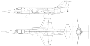 Orthographically projected diagram of the F-104 Starfighter.