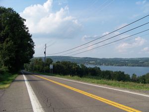 A two-lane highway runs alongside a large lake. The road and the lake are separated by a row of trees and small brush.