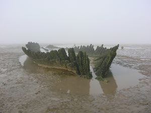 Wooden hulk of ship, surrounded by wet sand.