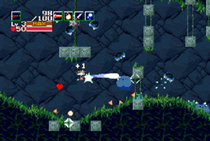 A man fires a gun at several blue marshmallow-shaped enemies.