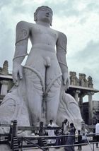 Giant grey stone statue of nude man with vines climbing legs to his arms