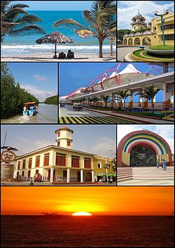 Top left:Punta Sal Beach (Playa Punta Sal), Top right:Tumbes Cathedral, 2nd left:Tumbes River and Tumbes National Reserve Mangrove Sanctuary, 2nd right:Malecon Benavides, 3rd left:A Condor monument and Tumbes Clock Tower in Jerusalem Walks (Paseo Jerusalem), 3rd right:Armas Square (Plaza del Armas), Bottom:Sunset in Pizarro Port