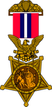 1896 version of the Medal of Honor with a golden five pointed star being clutched in the claws of an eagle. The eagle is suspended from a red and white striped ribbon