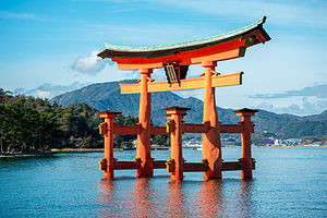 The torii of Itsukushima Shrine, the site's most recognizable landmark, appears to float in the water.