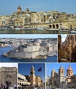 From top: skyline, Fort Saint Angelo, Auberge d'Angleterre, Advanced Gate, Malta Maritime Museum, Church of St. Lawrence