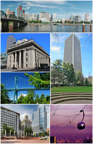 Clockwise from top: Downtown Portland viewed from east bank of the Willamette River; the Wells Fargo Center; Portland Aerial Tram and Mount Hood; Jackson Tower and Fox Tower viewed from Pioneer Courthouse Square; St. Johns Bridge; U.S. National Bank Building