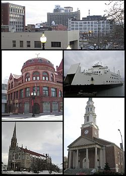 Clockwise from top: Downtown Bridgeport, the Bridgeport & Port Jefferson Ferry, the United Congregational Church, St. Patrick's Church, and the P.T. Barnum Museum