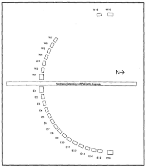 Diagram of an avenue separating an arc made of the cabins. Sixteen are below, or on the east side of the avenue, and seven are on the top or west side, a gap occurs, then two more at the outermost point. Four cabins at the end of each arc are slightly larger than the rest.