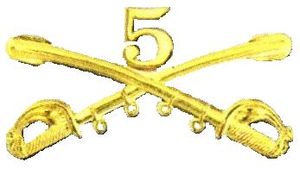 A computer generated reproduction of the insignia of the Union Army 5th Regiment cavalry. The insignia is displayed in gold and consists of two sheafed swords crossing over each other at a 45 degree angle pointing upwards with a Roman numeral 5