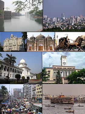 From top: 1. National Parliament, 2. Motijheel skyline, 3. Rose Garden Palace, 4. Khan Mohammad Mridha Mosque, 5. 'Rajoshik Bihar' sculpture in Ramna, 6. Supreme Court of Bangladesh, 7. RAJUK Bhaban, 8. Rickshaws on Dhaka Street, 9. Steamers and ferries on the Sadarghat, Dhaka Riverfront