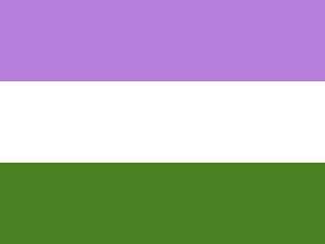 A flag with lavender on top, white in the middle and dark chartreuse green on the bottom.