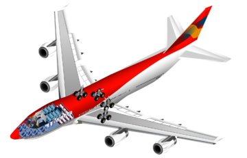 Cutaway rendering of a 747, showing internal seating and landing gear