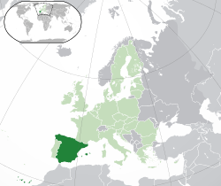 Location of  Spain  (dark green)– in Europe  (light green & dark grey)– in the European Union  (light green)  –  [Legend]