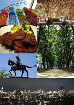 From top left: Sendai Tanabata Festival, Sendai Pageant of Starlight, Gyutan, Jozenji St. in Summer, Statue of Date Masamune, Skyline of Sendai.