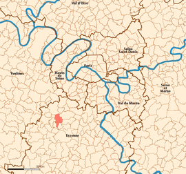 Location (in red) within Paris inner and outer suburbs