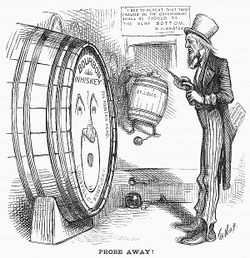 "Uncle Sam" cartoon tapping a Louisville whiskey barrel, captioned "probe away"