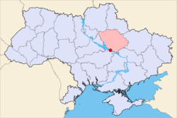 Map of Ukraine with Kremenchuk highlighted  within Poltava Oblast.