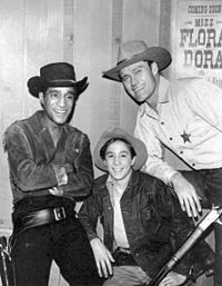 Sammy Davis, Jr., Johnny Crawford, and Chuck Connors in Western costume