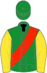 Green, scarlet sash, yellow sleeves