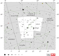 Diagram showing star positions and boundaries of the Grus constellation and its surroundings