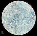 Locations of Luna landings on the Moon are marked in red; Apollo missions in green, and Surveyor in yellow.