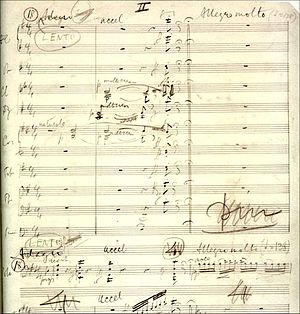 manuscript music score, faded with age