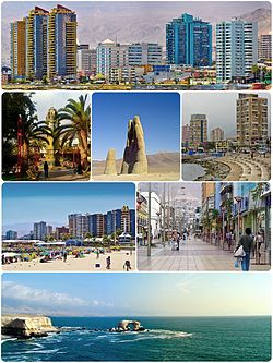 Montage of Antofagasta, Top:View of downtown Antofagasta, 2nd left:Antofagasta Clock Tower in Colón Square, 2nd middle:"Mano del Desierto" (Hand of the Desert) Sand Sculpture in Atacama Desert, 2nd right:View of Coldelco towers, 3rd left:Balneario Beach, 3rd right:Arturo Prat shopping center area, Bottom:View of La Portada Natural Monument