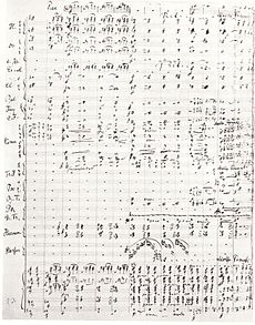  A handwritten sheet of music showing the orchestral score for 13 bars from the symphony