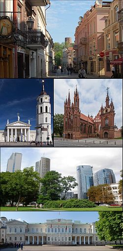 Top: Vilnius Old Town  Middle left: Vilnius Cathedral  Middle right: St. Anne's Church  The 3rd row: Vilnius business district (Šnipiškės)  The 4th row: Presidential Palace.