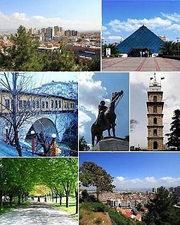 Top left: City centre, Top right: Zafer Plaza AVM;Middle left: Irgandı Bridge, Middle: Statue of Atatürk, Middle right: Bursa Clock Tower;Bottom left: Bursa Botanical Park, Bottom right: City centre