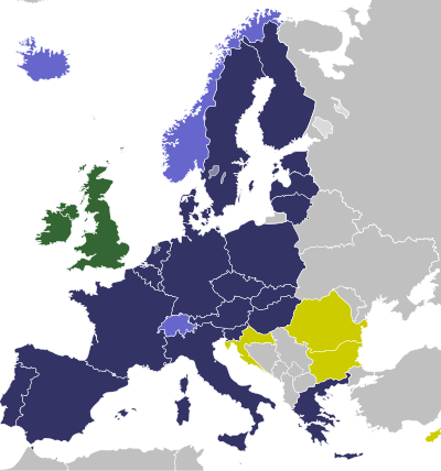 labelled map of Europe showing Schengen Area