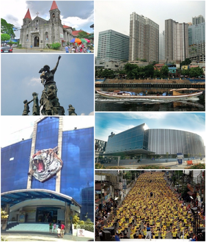 From top left clockwise: San Felipe Neri Church, Buildings in Mandaluyong, SM Megamall, Record-breaking Zumba class, Mandaluyong City Hall, & "Bantayog ng Kabataan"